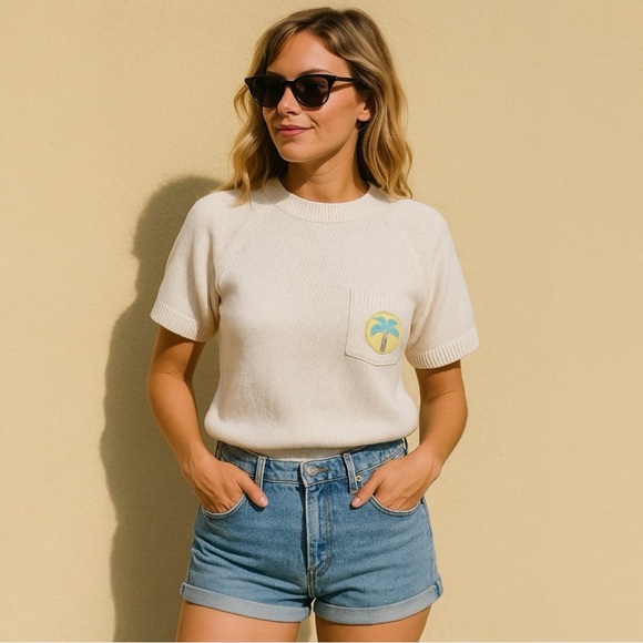 Vintage Jantzen Flamingo Palm Tree Sweater L – 80s Retro Pastel Summer Knit - Picture 1 of 10